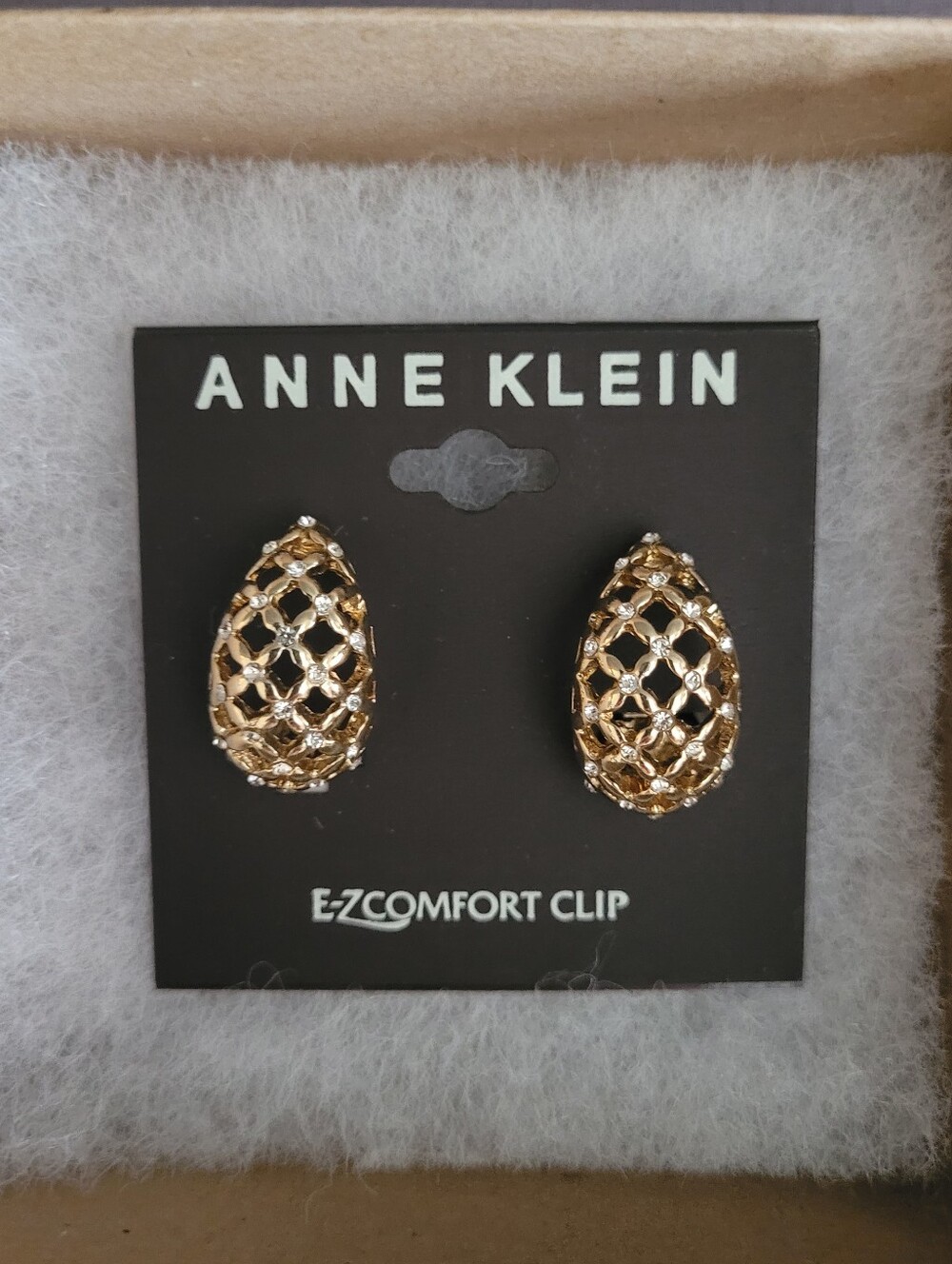 Anne Klein Gold Clip-On Teardrop hoop Earrings with Crystal Accents Lattice